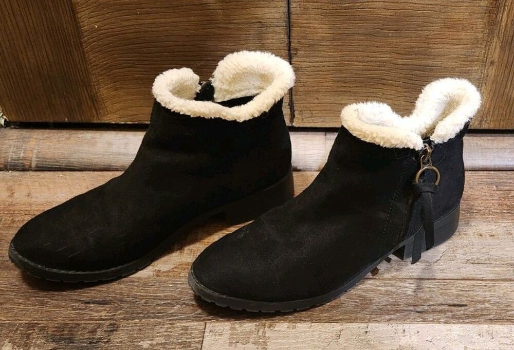 Ladies 7 a.n.a. Women's Zip Up Faux Suede Black Ankle Boots, With Faux Fur Cuff